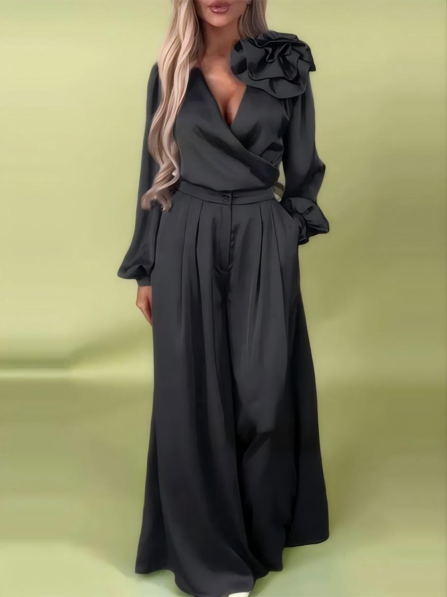 Three-dimensional Floral Decorations V-neck Satin Long-sleeved Top And Wide-leg Pants Two-piece Set