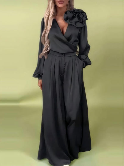 Three-dimensional Floral Decorations V-neck Satin Long-sleeved Top And Wide-leg Pants Two-piece Set