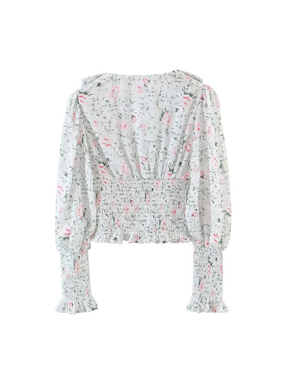 Floral Print Smocked Lantern Sleeve Shirt Top