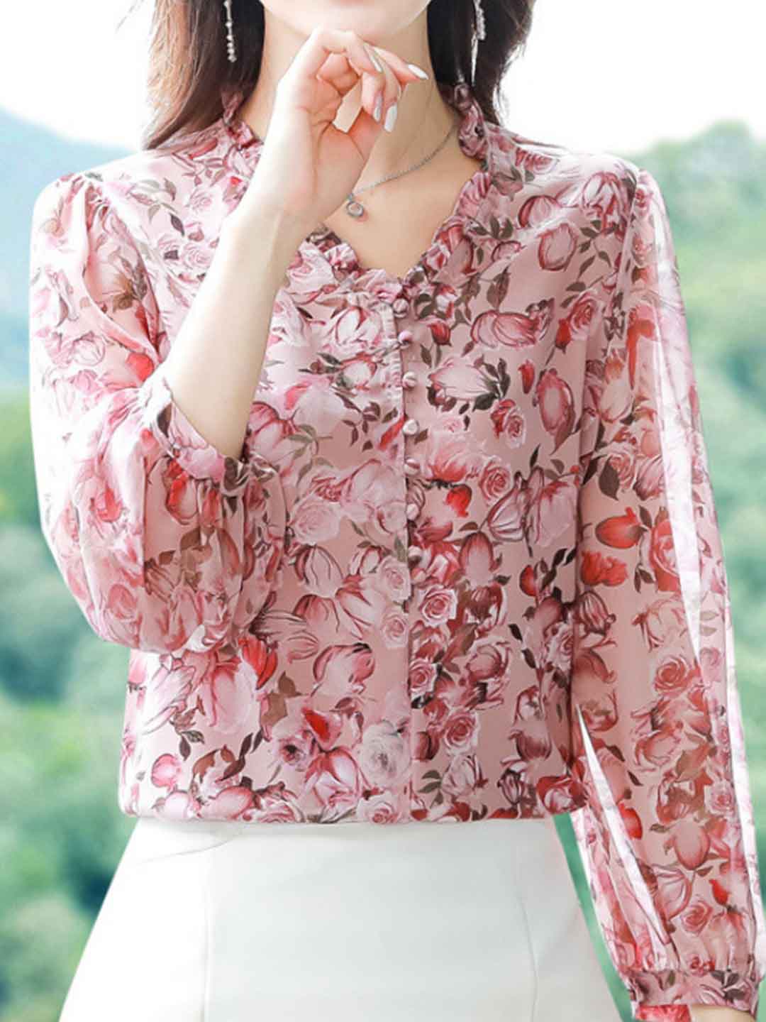 Genesis Loose V-Neck Chiffon Printed Floral Top