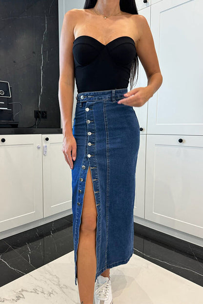 Button Down Slit Midi Denim Skirt