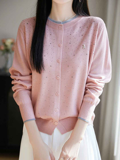 Anna Classic Crew Neck Rhinestone Knitted Cardigan