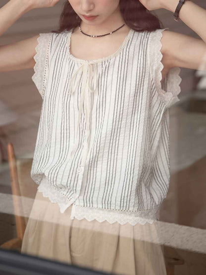Gianna Vintage Crew Neck Lace Striped Top