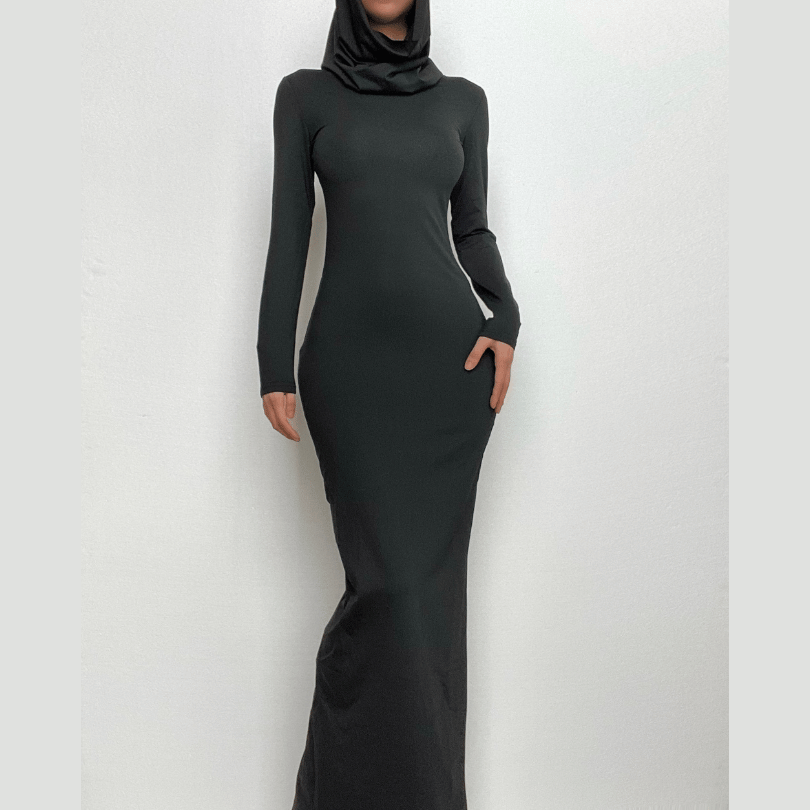 Hooded Long Sleeve Cowl Neck Side Slit Bodycon Maxi Dress