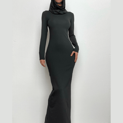 Hooded Long Sleeve Cowl Neck Side Slit Bodycon Maxi Dress
