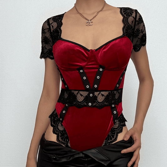 Short sleeve lace velvet patchwork bodysuit