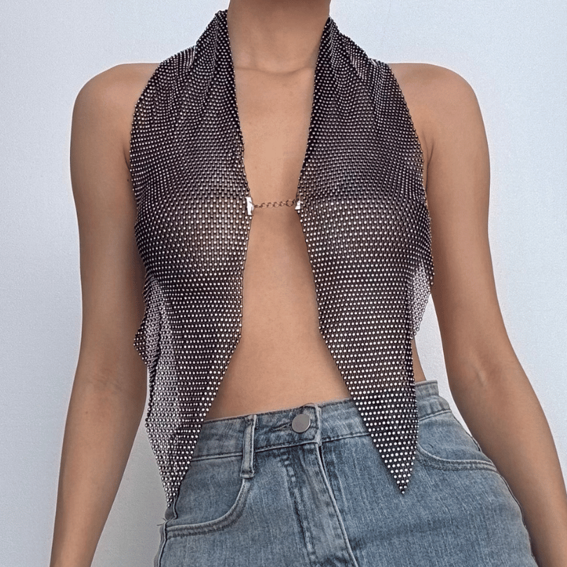 Halter fishnet beaded see through metal chain top