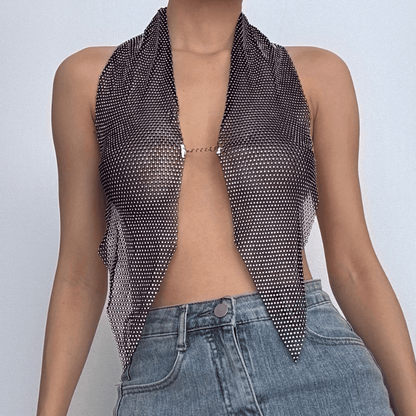 Halter fishnet beaded see through metal chain top