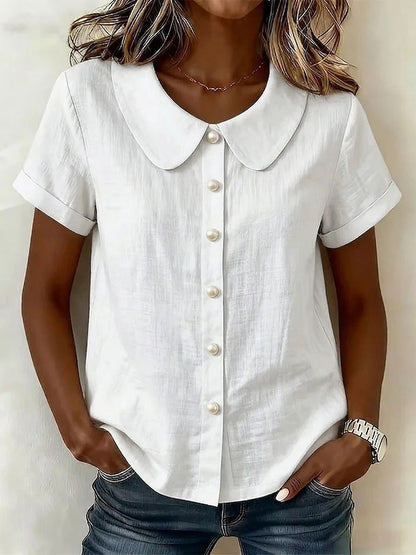 Cotton And Linen Short-sleeved Peter Pan Collar T-shirt