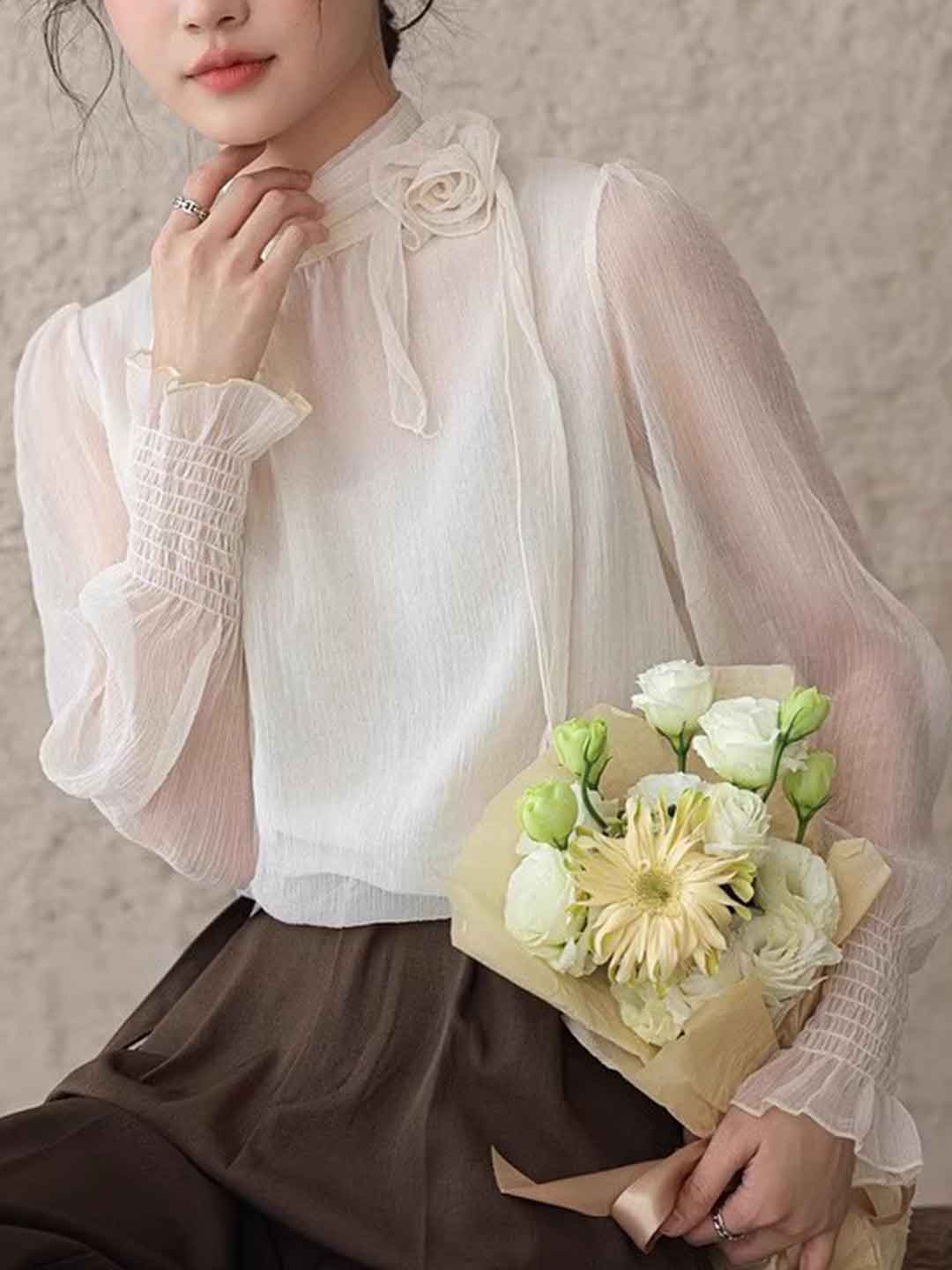 Ava Elegant Half Turtleneck Floral Chiffon Top
