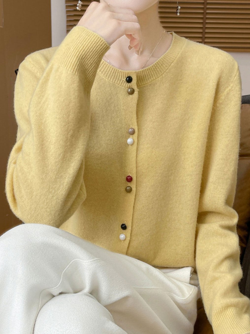 Mya Loose Crew Neck Solid Color Knitted Cardigan-Pink