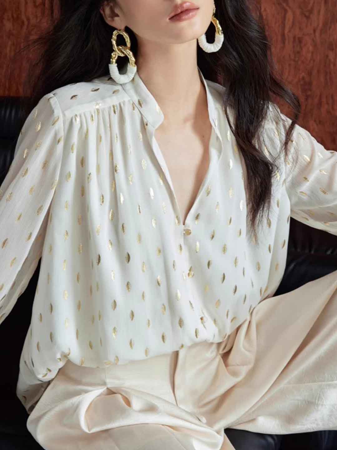 Ashley Loose V-neck Hot Stamping Chiffon Shirt