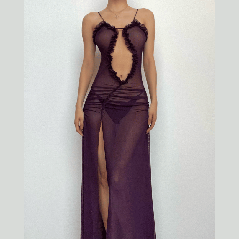 Sheer mesh hollow out ruched high slit cami cut out maxi dress