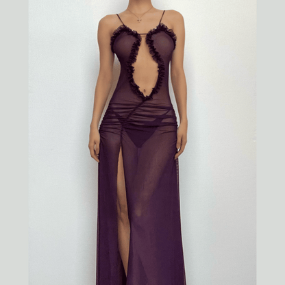 Sheer mesh hollow out ruched high slit cami cut out maxi dress