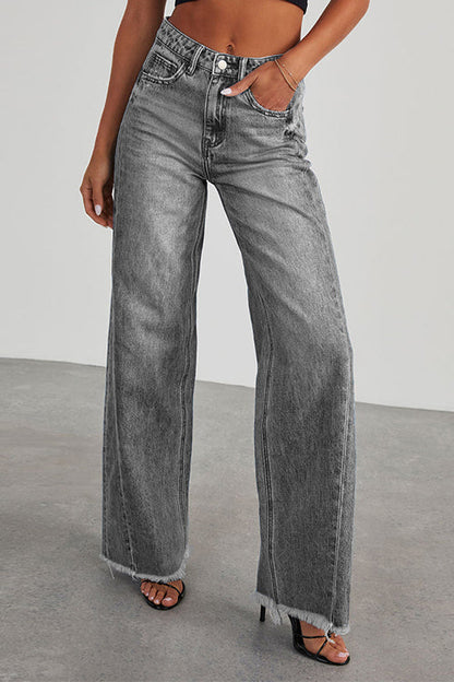 Raw Hem Distressed Wide Leg Denim Pants