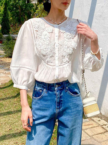Audrey Vintage Crew Neck Embroidered Blouse