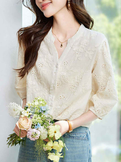 Bella Elegnat V-Neck Embroidered Hollowed Top