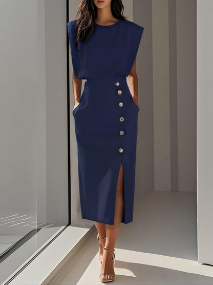 Crew Neck Waist Slit Metal Buttons Sleeveless Midi Dresses