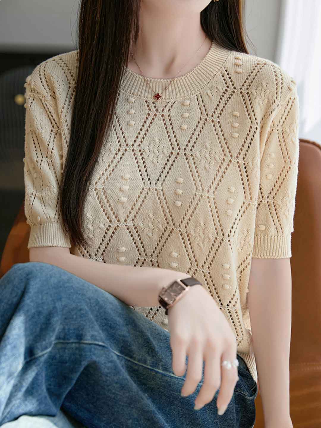 Genesis Loose Crew Neck Hollowed Knitted Top