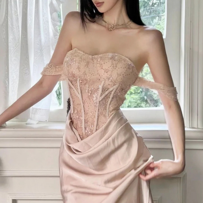 Sweetheart neck off shoulder corset lace maxi dress