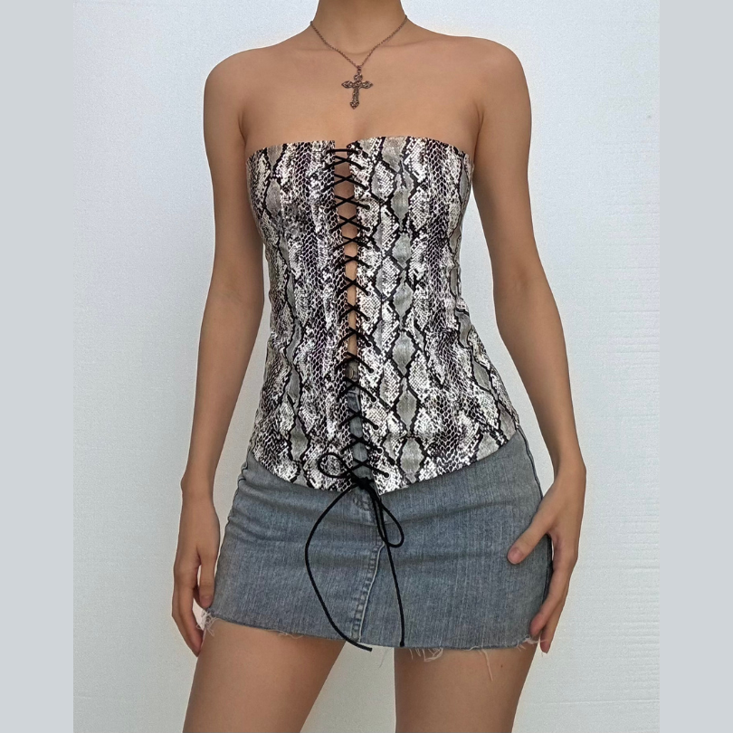 Snakeskin print corset lace up tube top