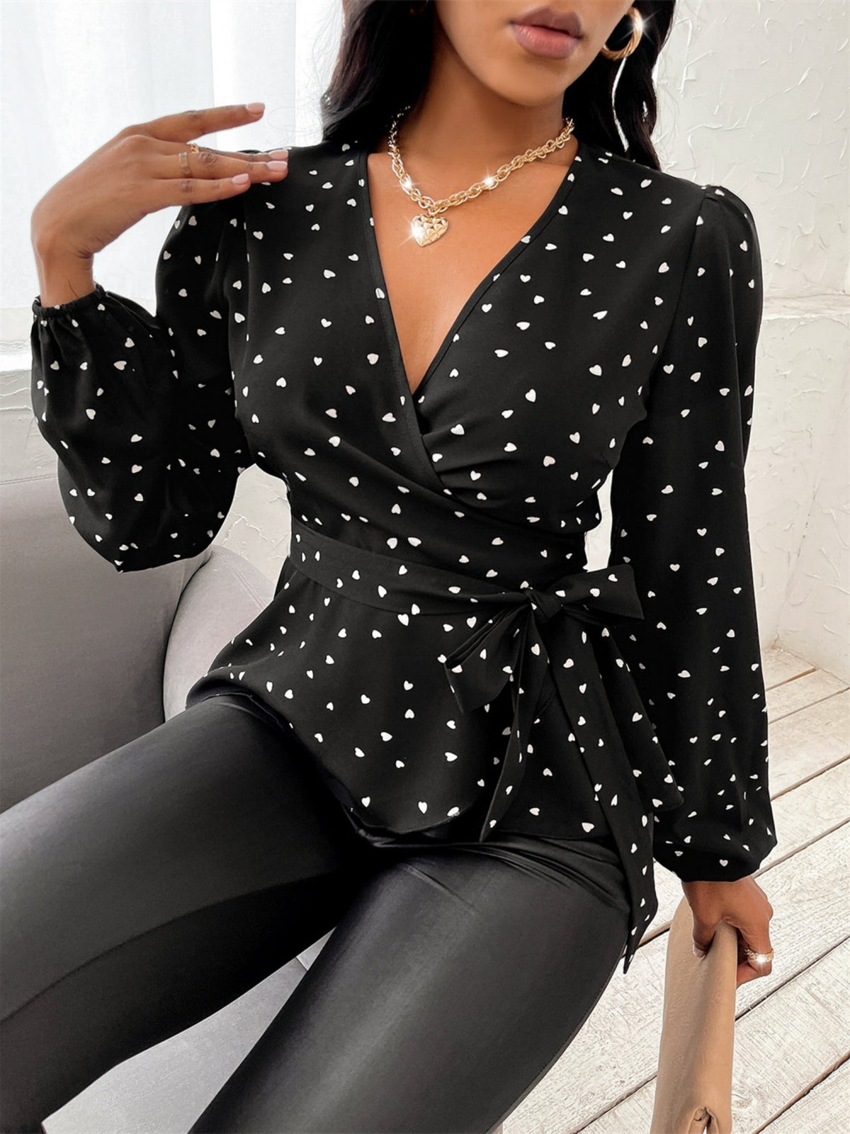 V-neck Heart-shaped Print Cross Neck Straps Blouse