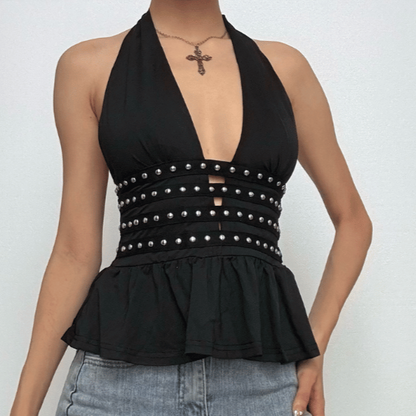 Halter deep v neck ruched ruffle rivet top