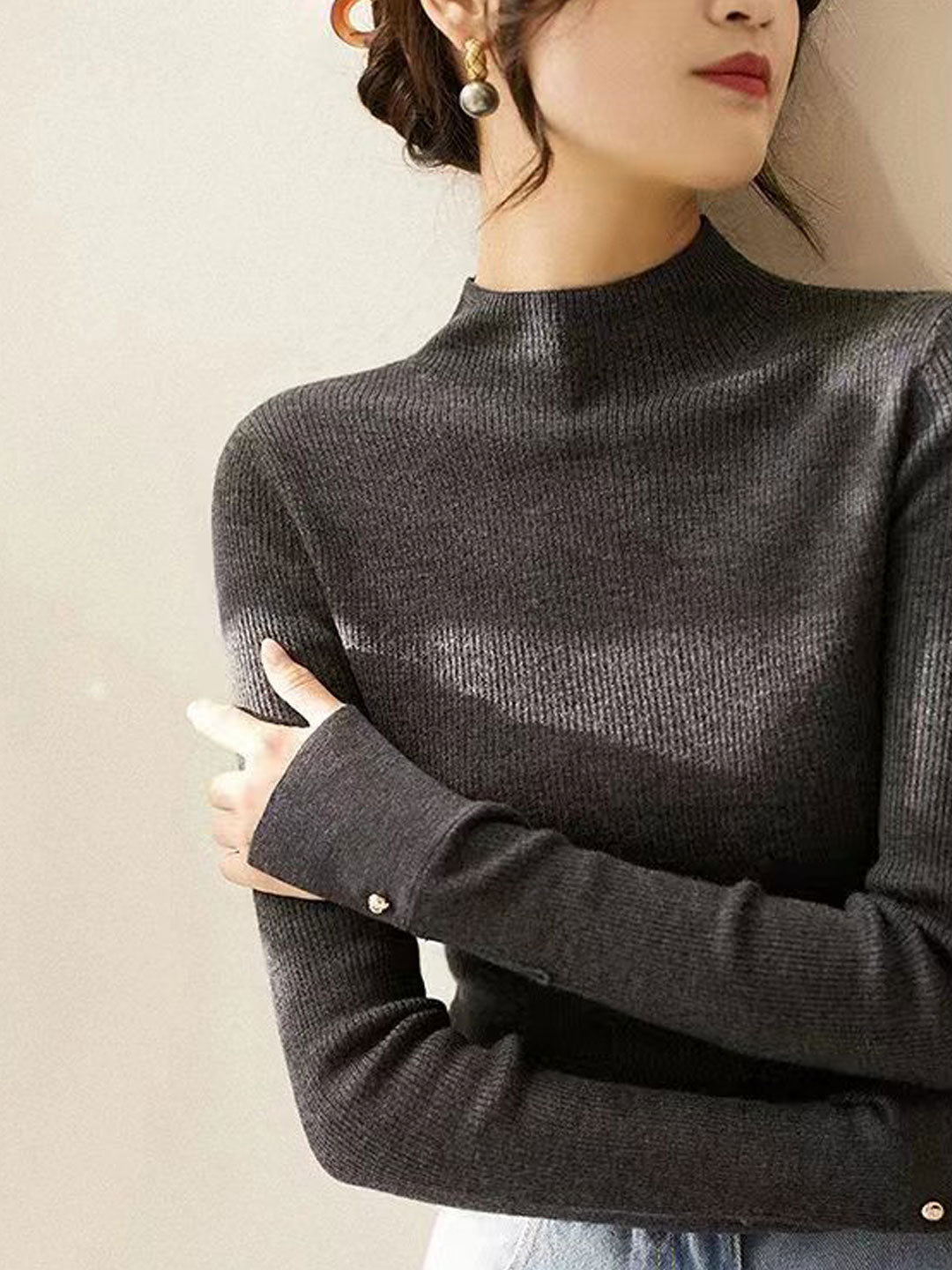 Sophia Classic Turtleneck Solid Color Knitted Sweater-Green