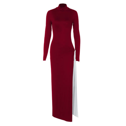 High neck long sleeve hollow out slit knotted cut out maxi dress