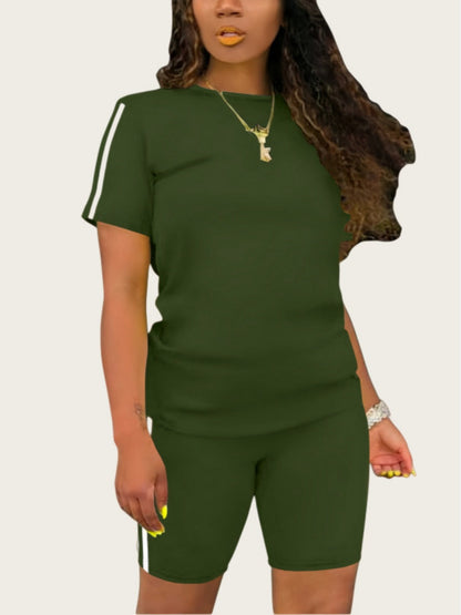 Casual Sporty Color-blocked Striped Short-sleeved Top And Shorts Two-piece Set