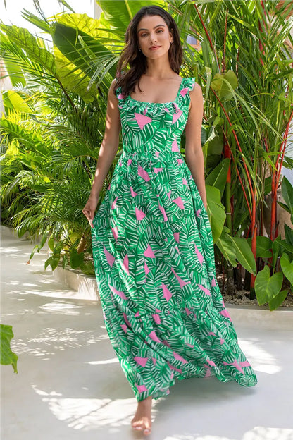 Green Ruffle Print One Piece Swimsuit