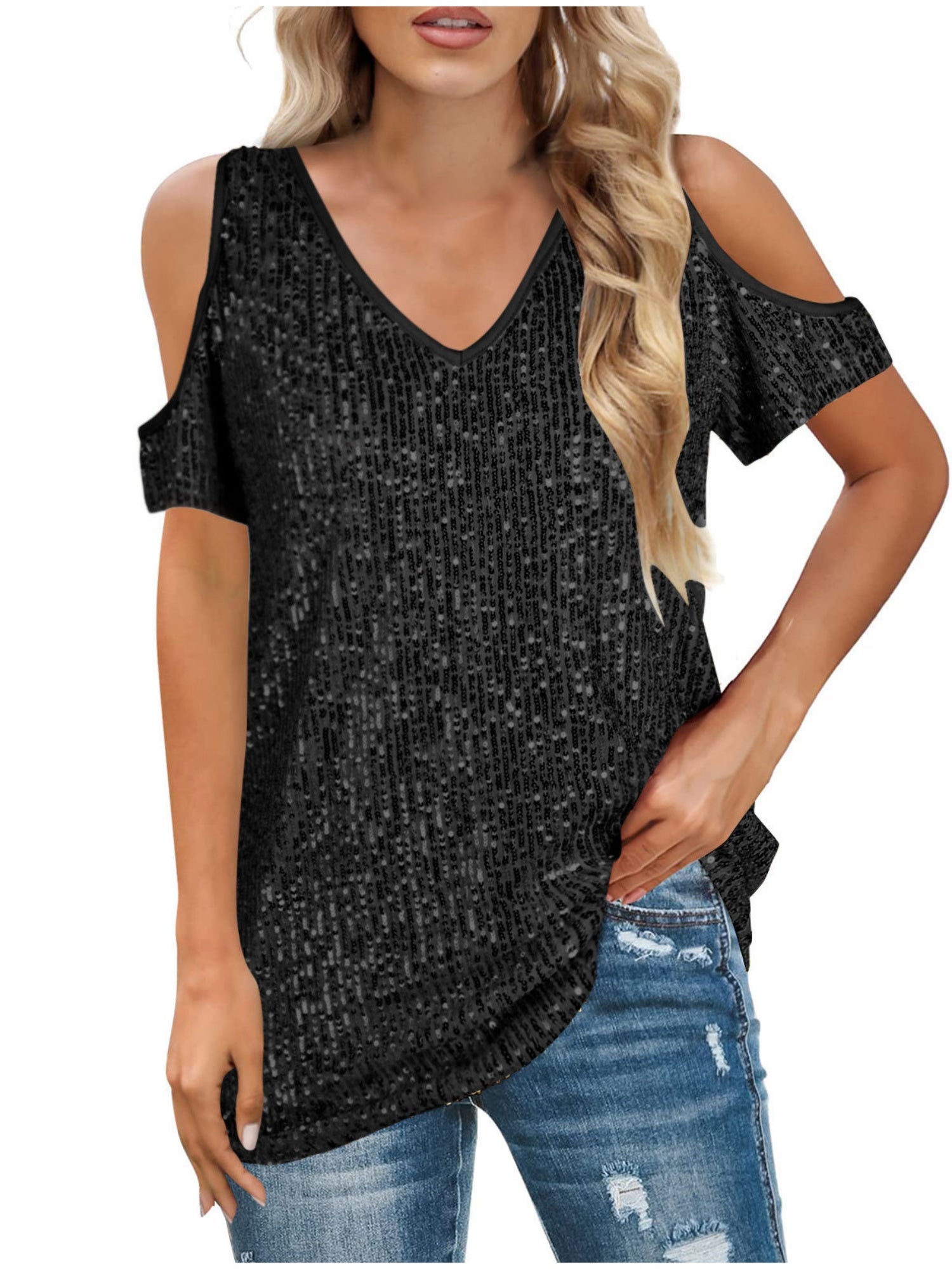 Sequins V-neck Off-shoulder Short-sleeved T-shirt