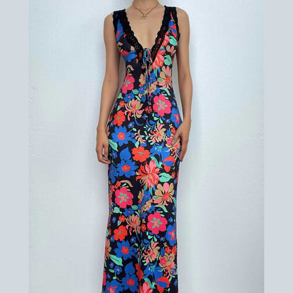 Lace hem sleeveless v neck flower print contrast maxi dress-final-sale