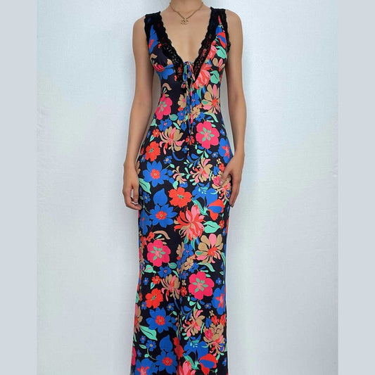 Lace hem sleeveless v neck flower print contrast maxi dress-final-sale