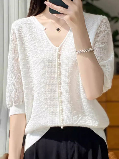 Alexis Retro V-Neck Lantern Sleeve Organza Top-Apricot