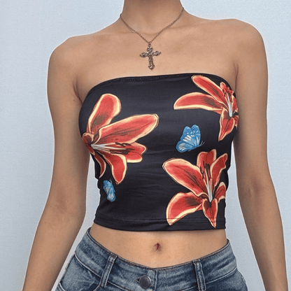 Flower print backless tube top