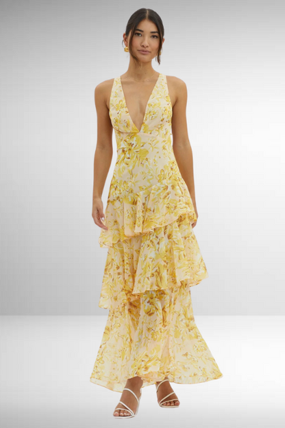 Women's Layered Chiffon Maxi Dress – Sleeveless V-Neck Open Back Gown