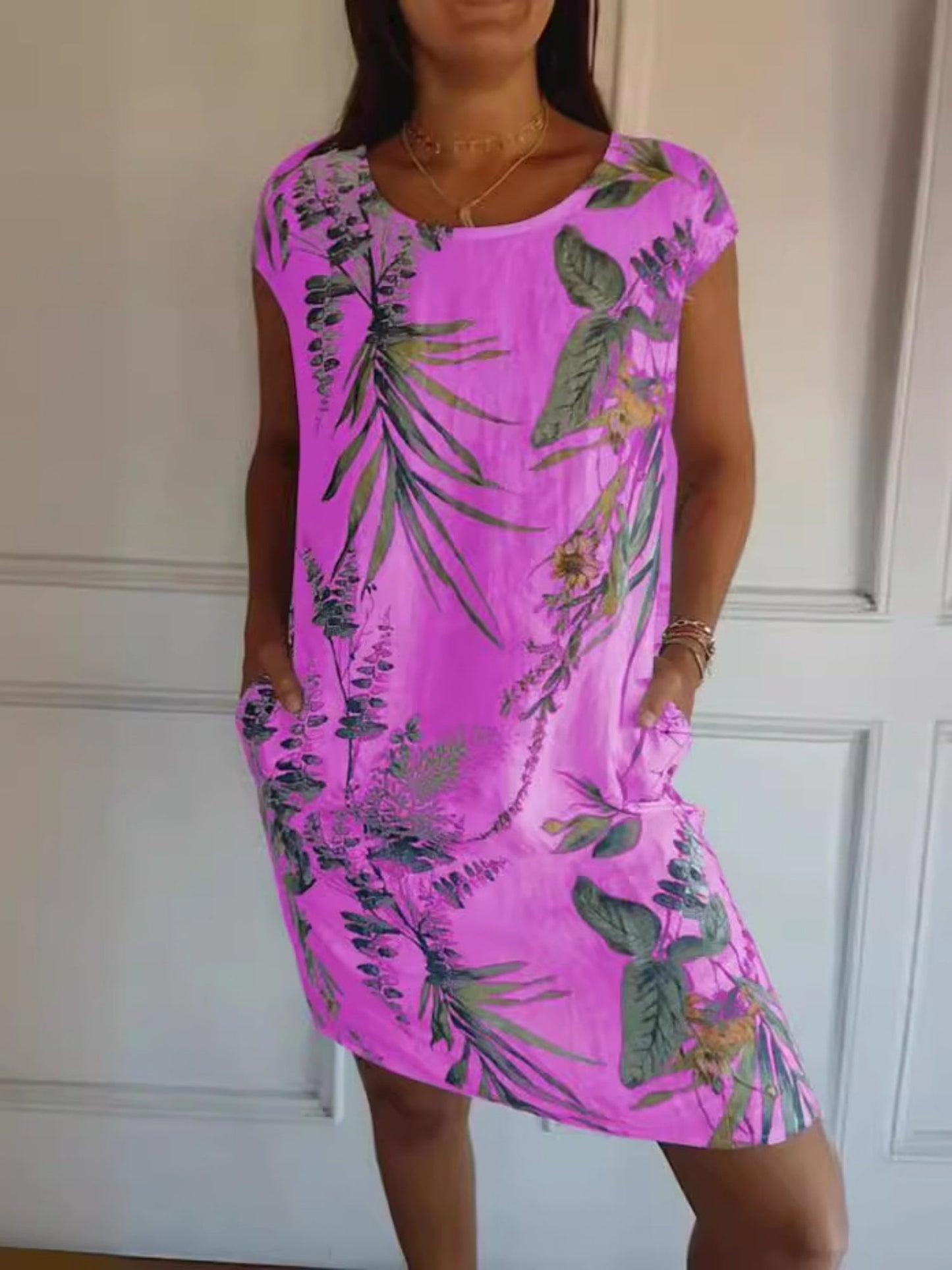 Printed Cotton And Linen Pocket Crew Neck Short Sleeve Mini&Short Dresses