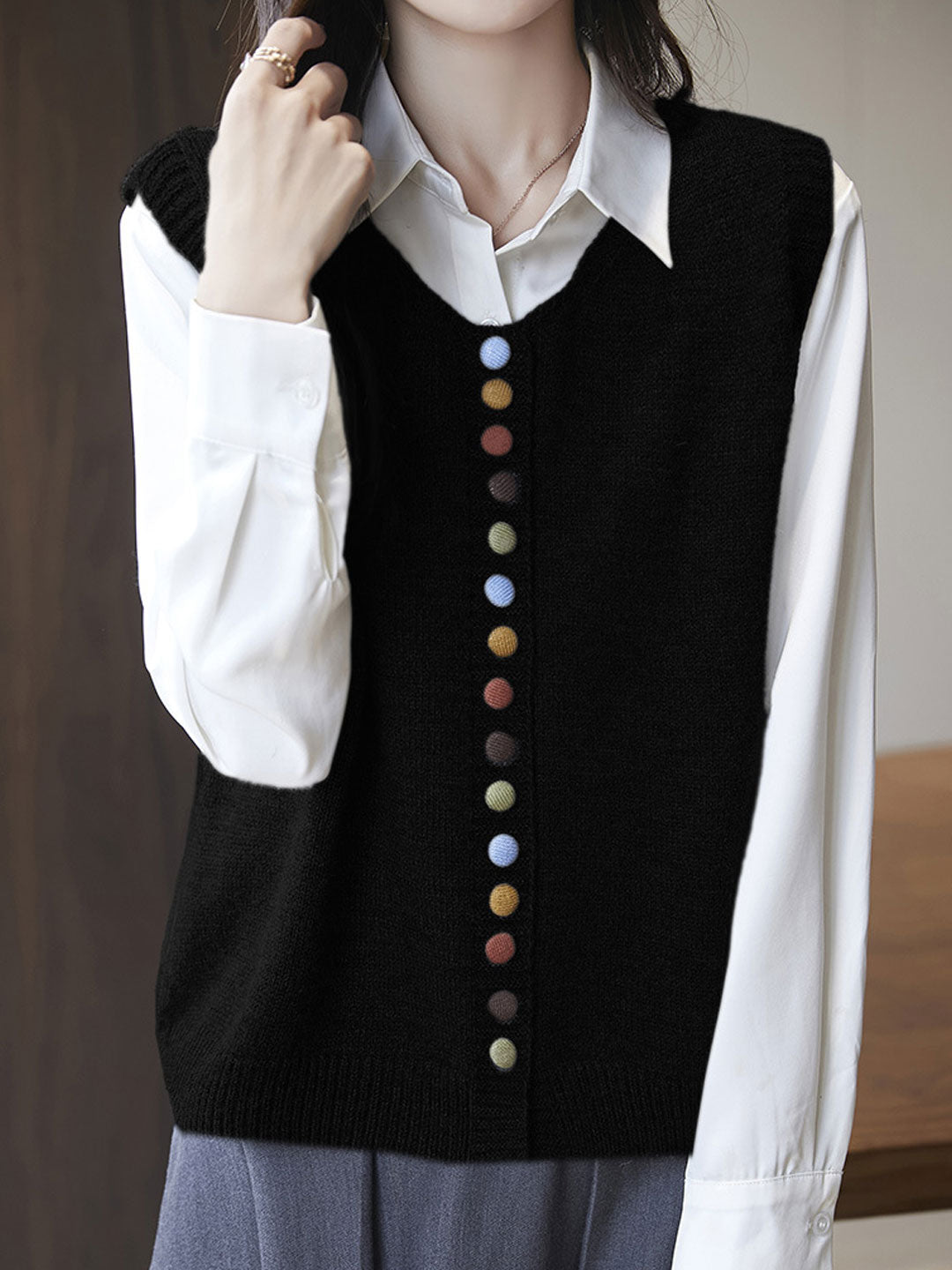 Sophia Vintage Crew Neck Knitted Vest-Black