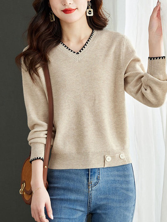 Isabella V-Neck Solid Color Knitted Sweater-Apricot