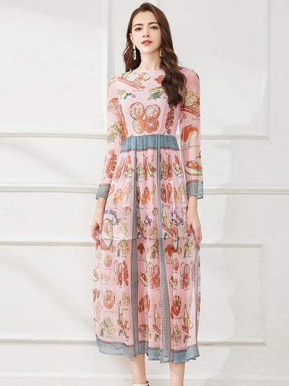 Light Silk Chiffon Printed Crew Neck A Line Dress