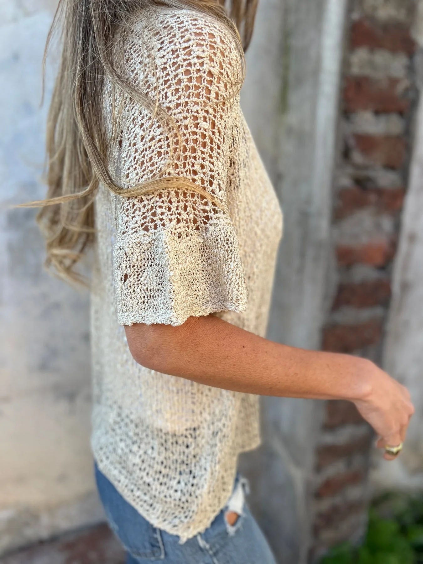 One Button Hollow Knit Tops