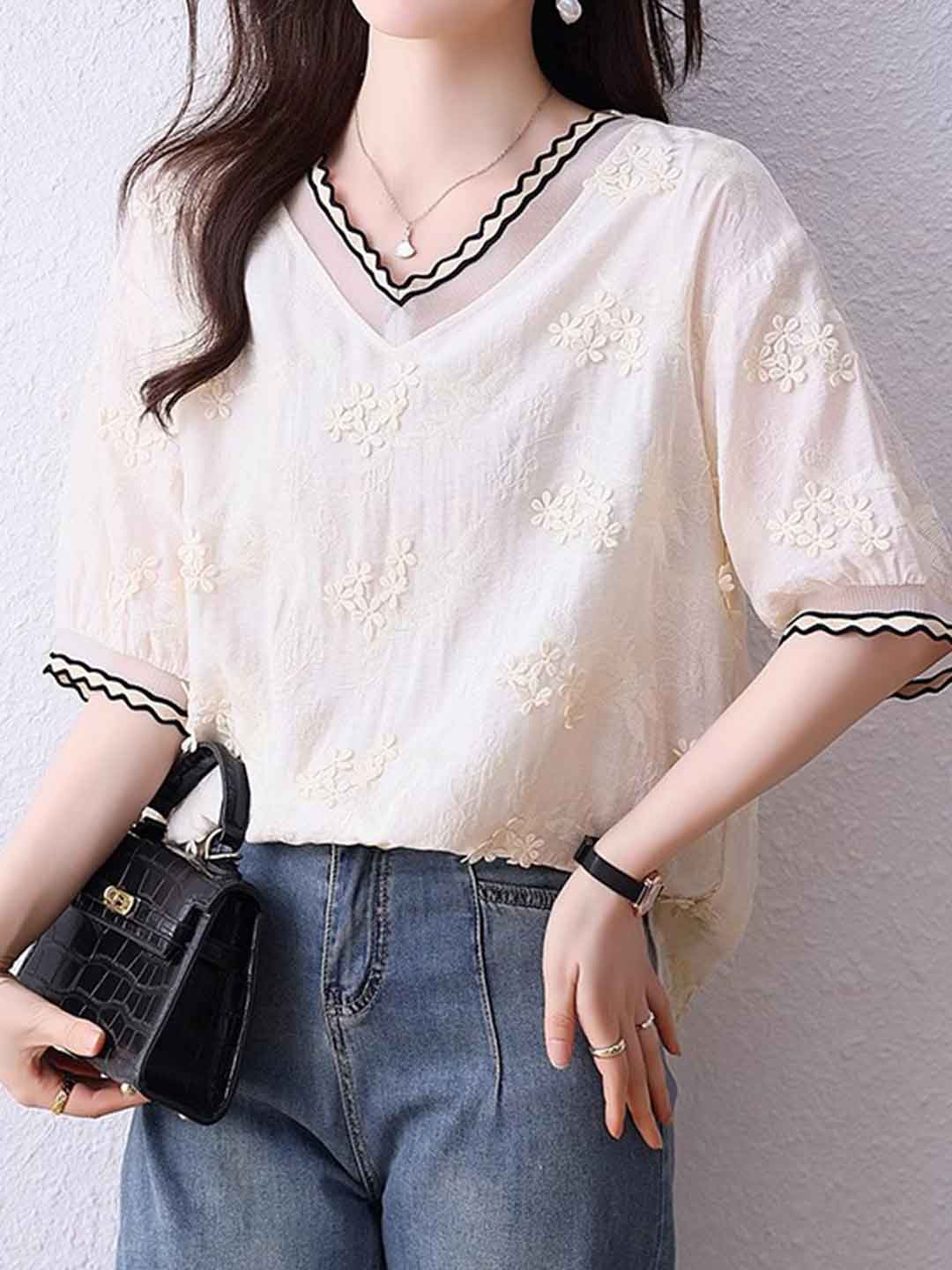 Ariana Chic V-Neck Embroidered Jacquard Shirt