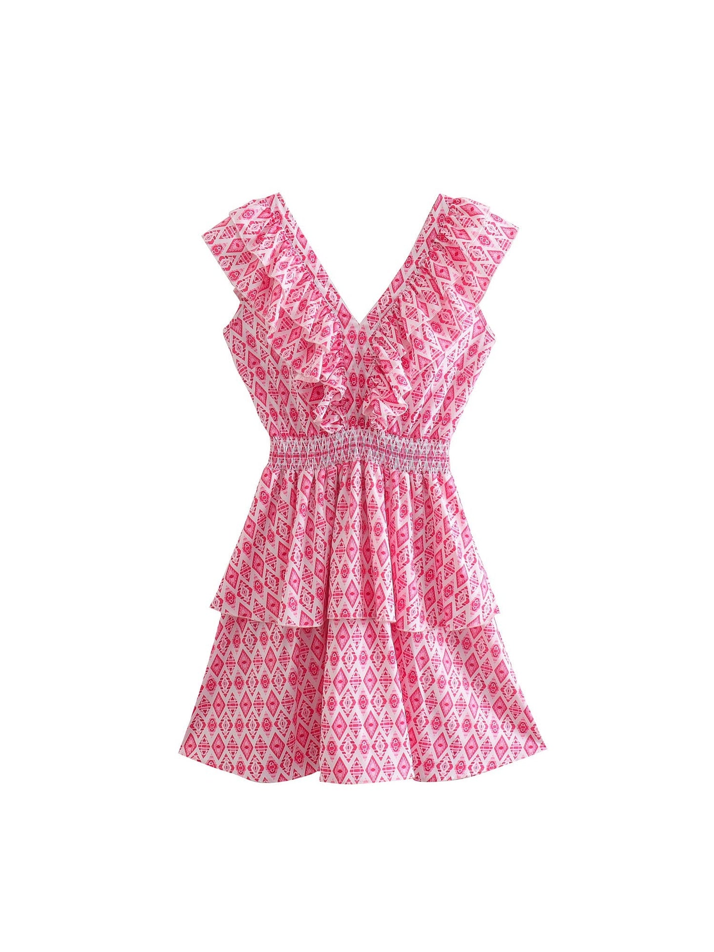 Pink V Neck Sleeveless Double Layer Print Dress