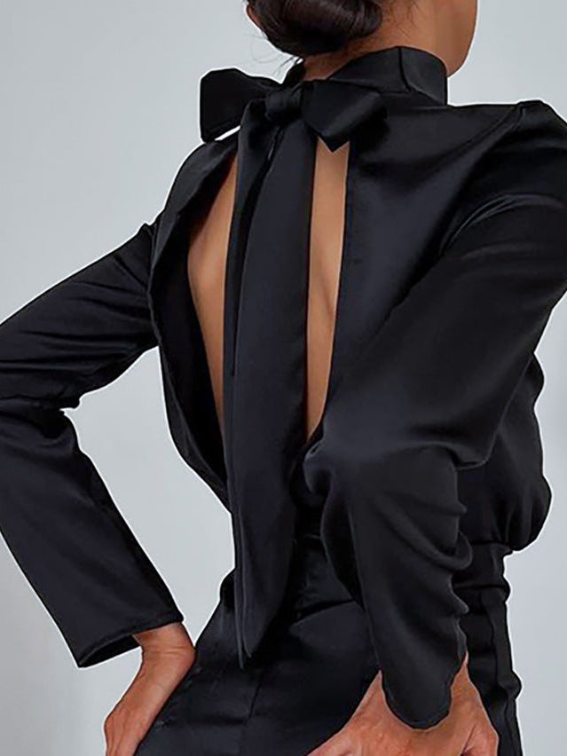 French Turtleneck Backless Lace up Bow A line Dress