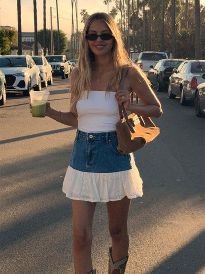 Lace Trim Denim Mini Skirt