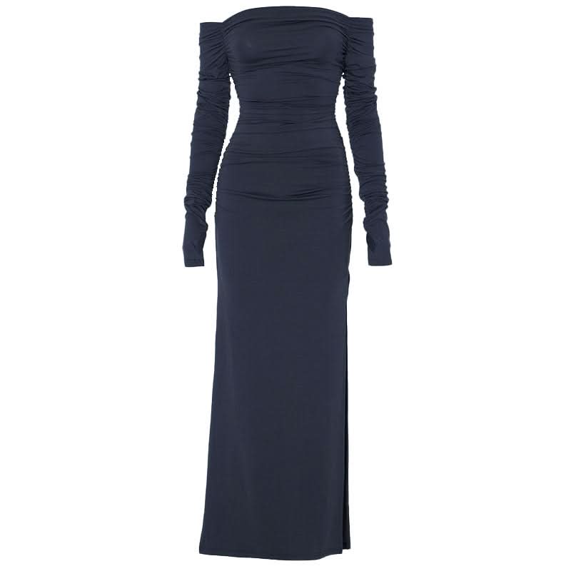 Off shoulder long sleeve slit ruched maxi dress