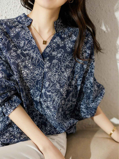 Bella Elegant V-Neck Lantern Sleeve Floral Printed Top