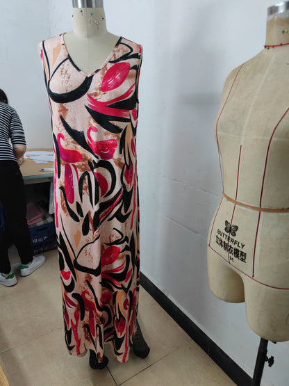 Bohemian Red Black Printing V Neck Maxi Dress