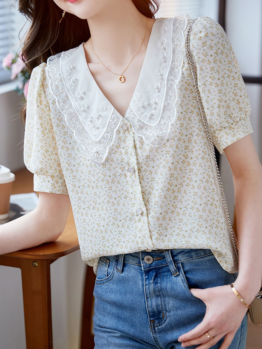 Ava Elegant Doll Collar Floral Beaded Chiffon Top